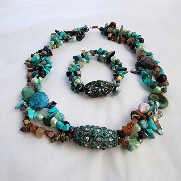 Handmade Artisan Genuine Turquoise Blue pearl Chrysacolla boho beach necklace - Picture 5 of 12